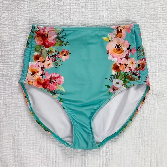 Janela Bay Other - Janela Bay High Waisted Aqua & Pink Floral Swim Bottoms Size Extra Small